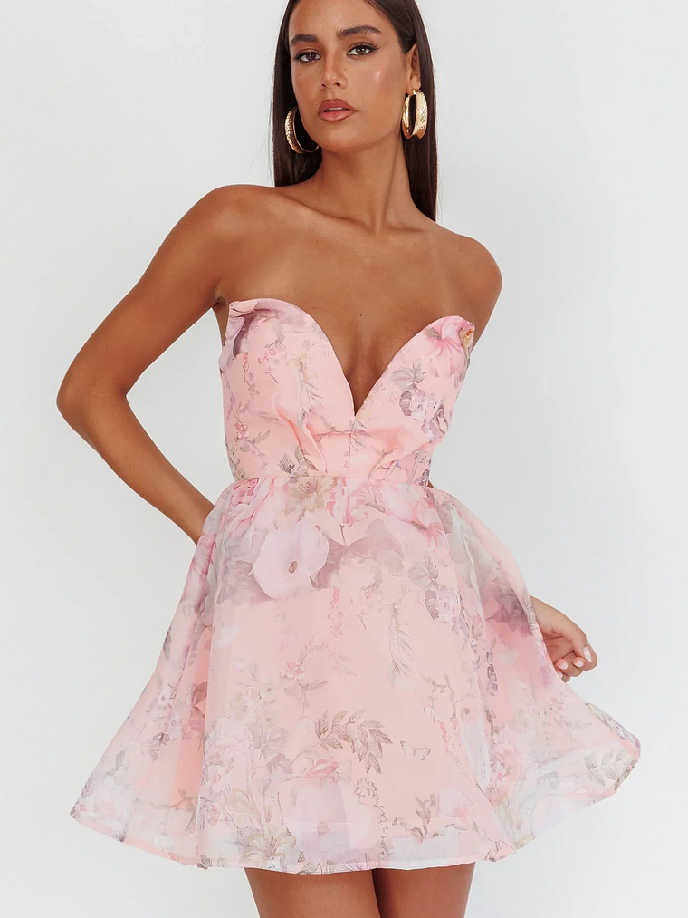 Gem Deep Sweetheart Neckline Mini Dress Floral Pink 1