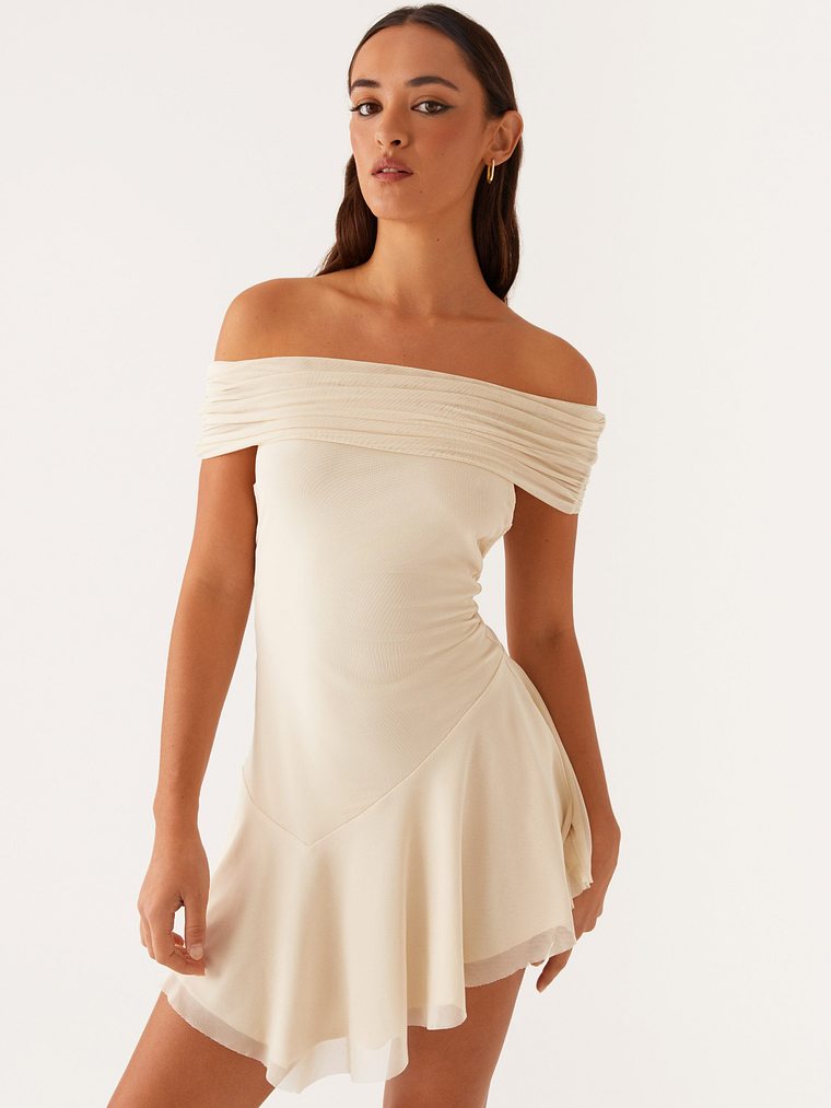 Finola Off Shoulder Mini Dress - Pastel Yellow 1
