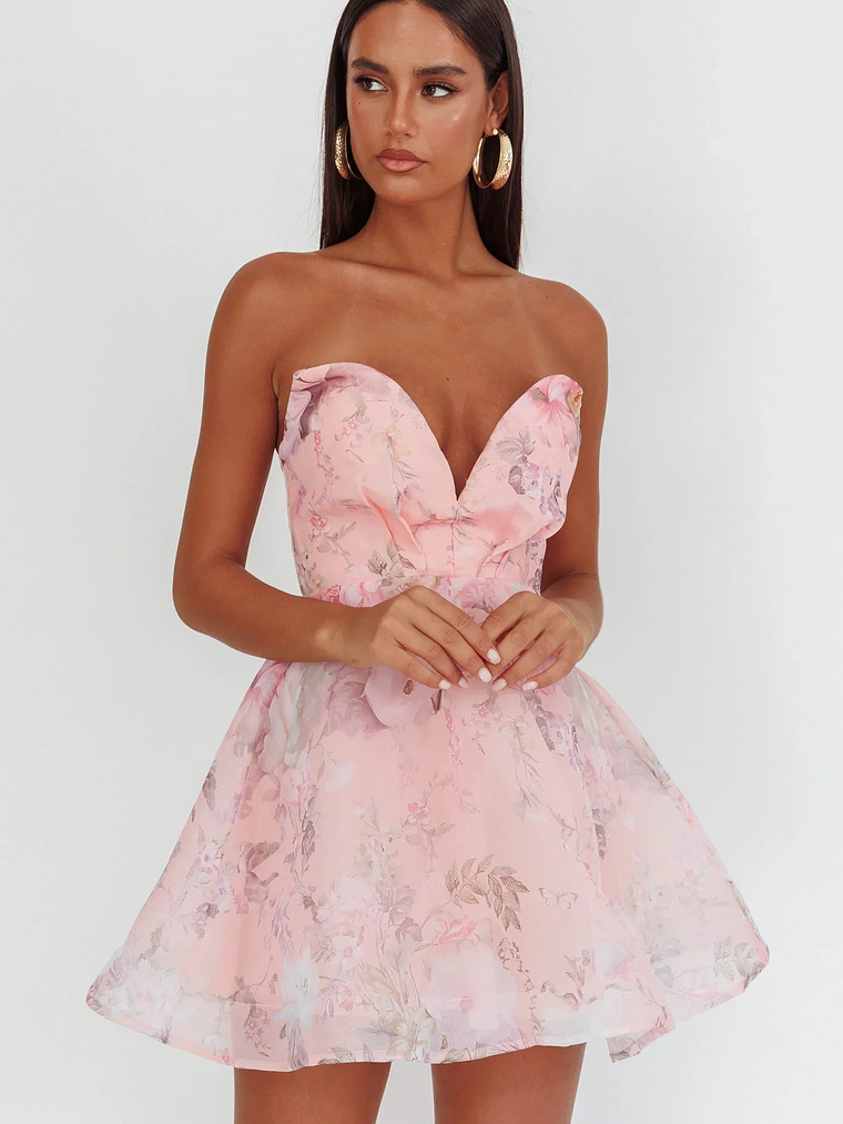 Gem Deep Sweetheart Neckline Mini Dress Floral Pink 5