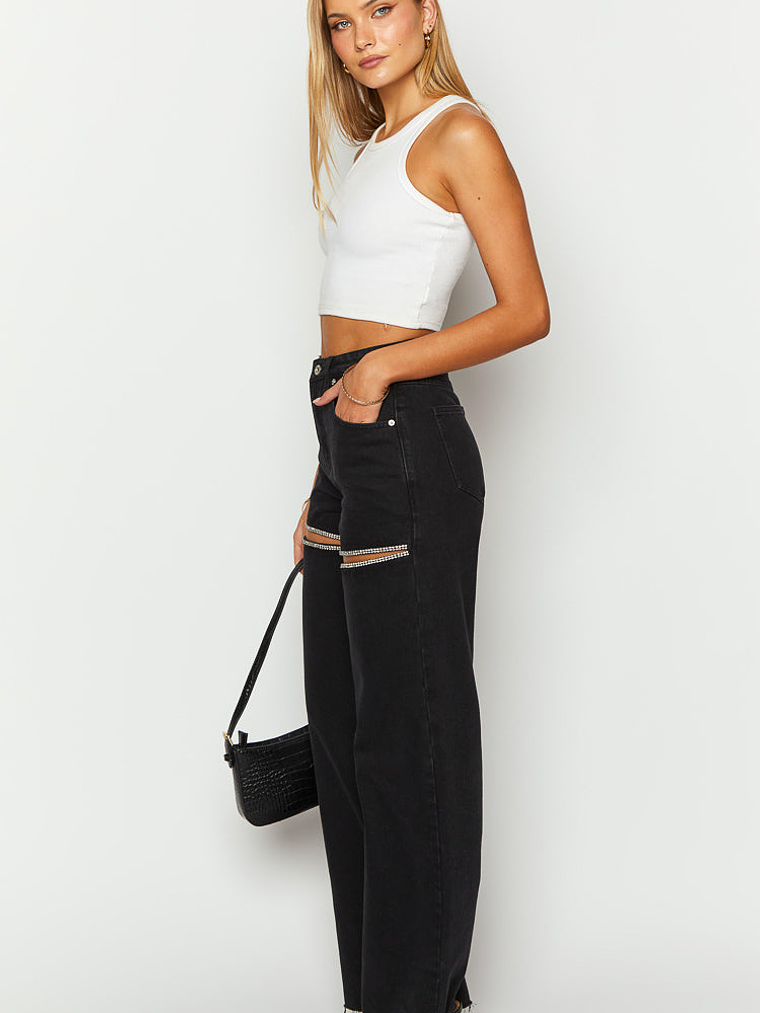 Gem Diamante Trim Wide Leg Black Denim Jeans 4