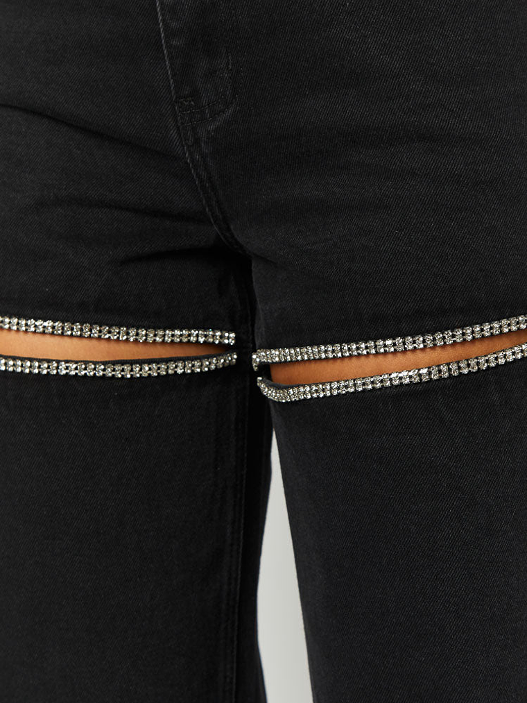 Gem Diamante Trim Wide Leg Black Denim Jeans 8