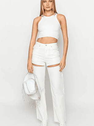 Gem Diamante Trim Wide Leg White Denim Jeans