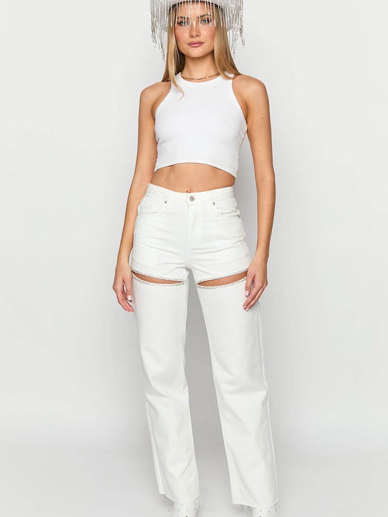 Gem Diamante Trim Wide Leg White Denim Jeans 2