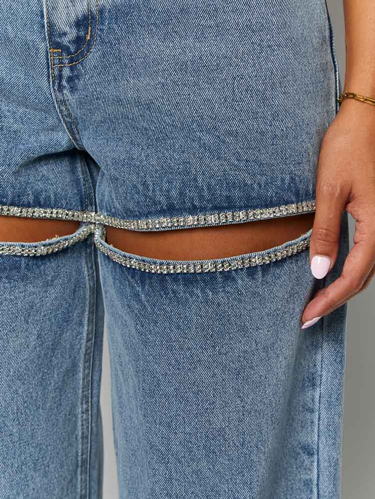 Gem Diamante Trim Wide Leg Denim Jeans 6