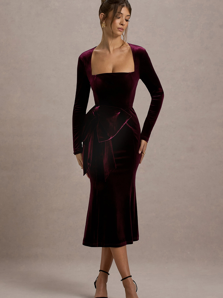 Gemima | Port Velvet Square-Neck Midi Dress With Bow 1