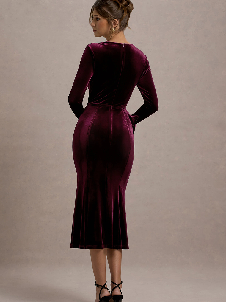 Gemima | Port Velvet Square-Neck Midi Dress With Bow 2