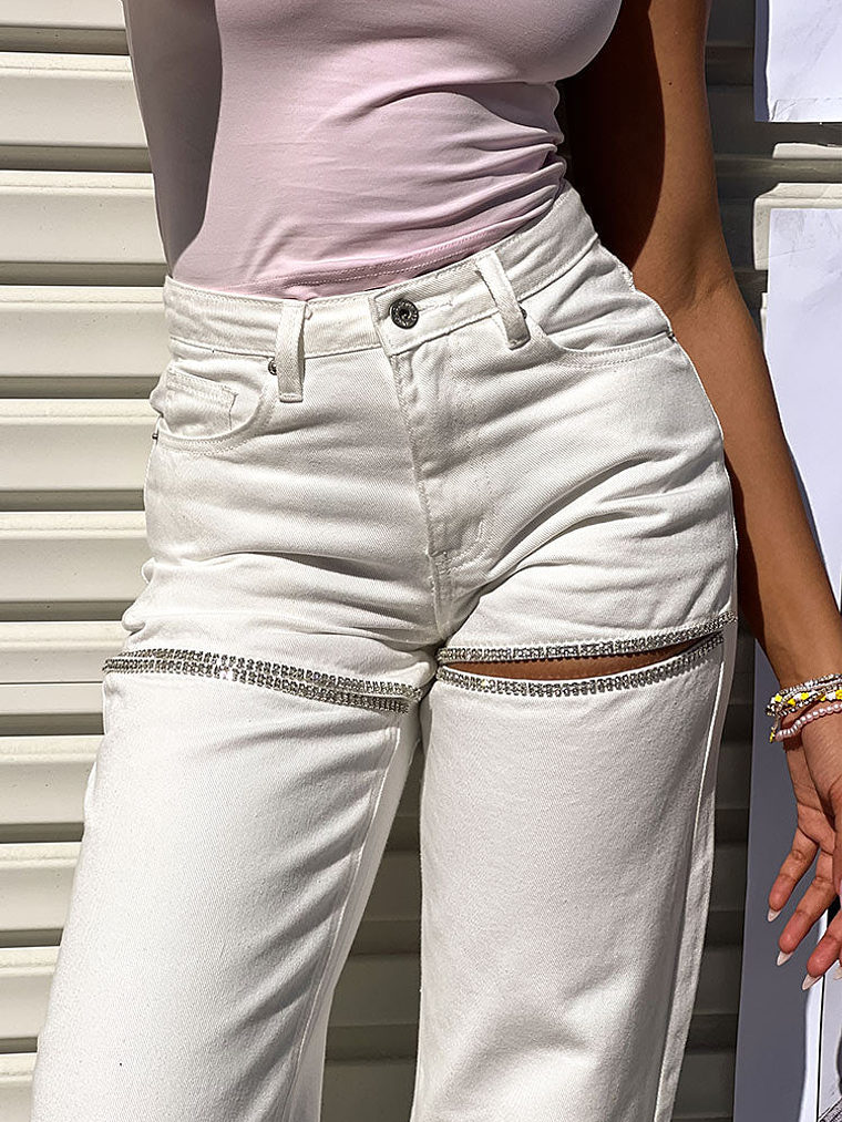 Gem Diamante Trim Wide Leg White Denim Jeans 7
