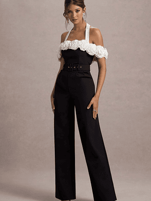 Genny | Black Tailored Wide-Leg Jumpsuit With Flowers