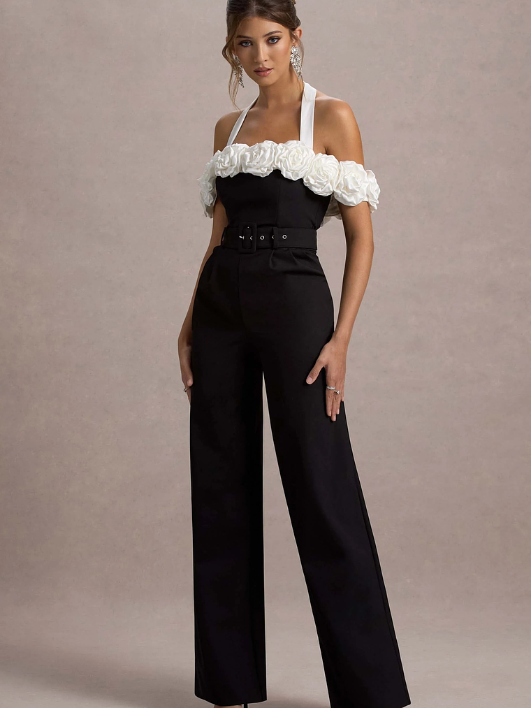 Genny | Black Tailored Wide-Leg Jumpsuit With Flowers 1