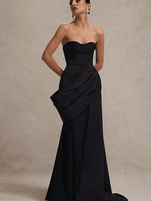 Fallen | Black Strapless Corset Maxi Dress With Drape