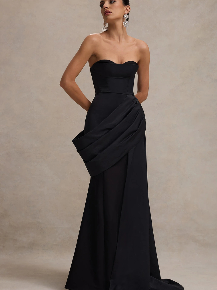 Fallen | Black Strapless Corset Maxi Dress With Drape 1