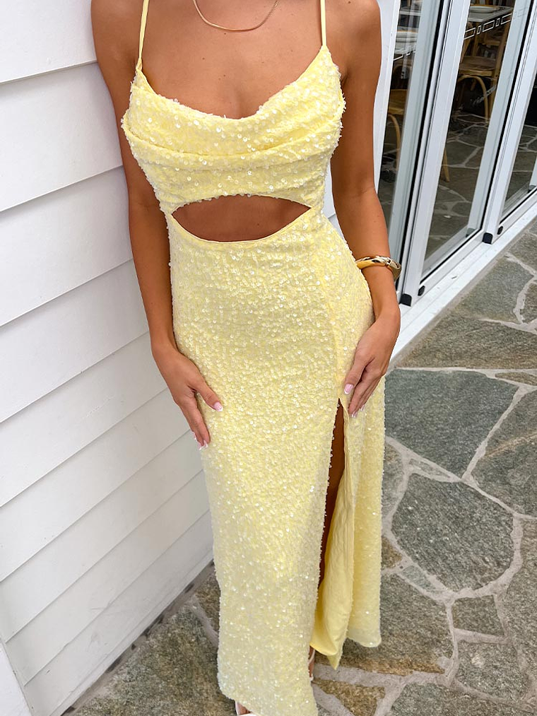 Fallon Yellow Sequin Cut Out Formal Maxi dress 1