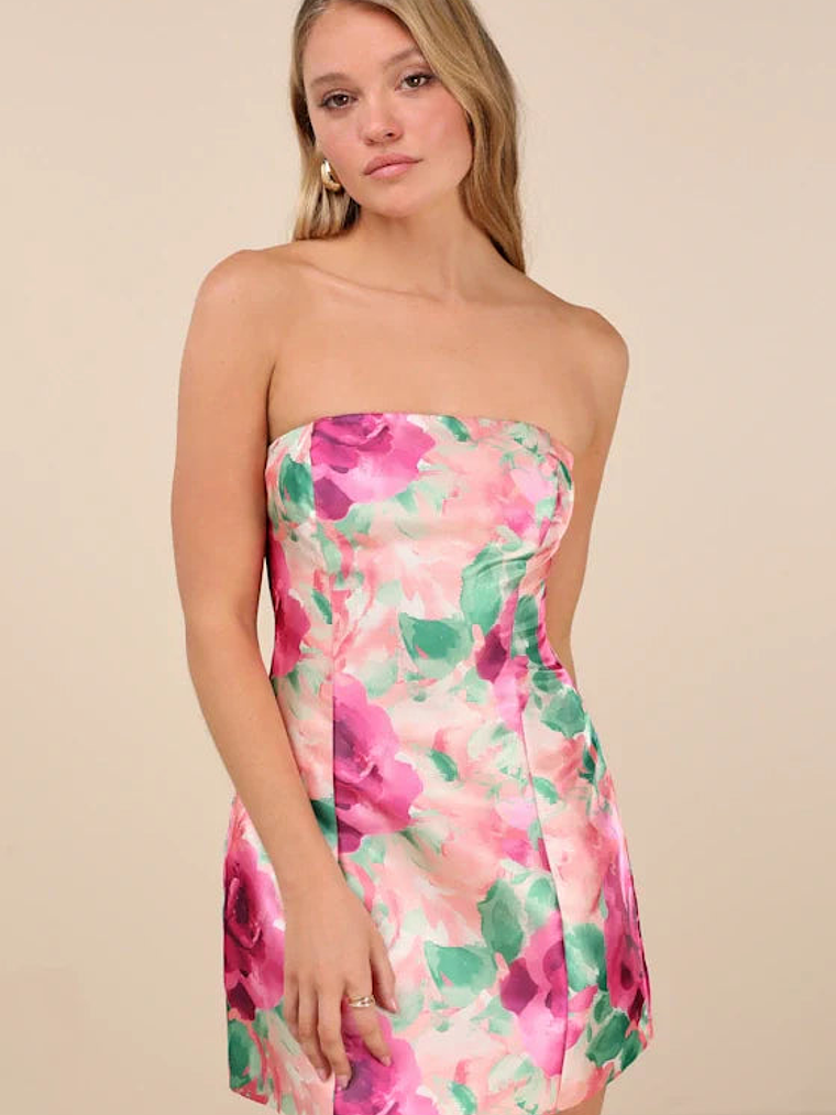Farica Peach Pink Floral Organza Strapless Mini Dress 2