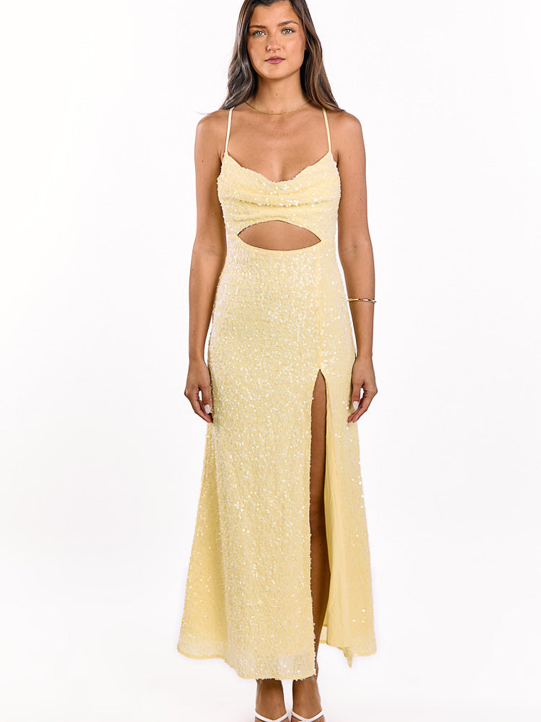 Fallon Yellow Sequin Cut Out Formal Maxi dress 3