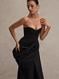 Fallen | Black Strapless Corset Maxi Dress With Drape - thumbnail 3