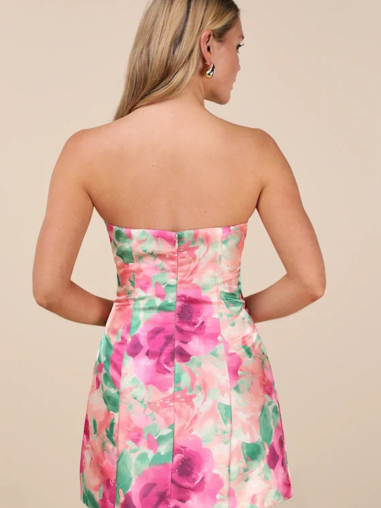 Farica Peach Pink Floral Organza Strapless Mini Dress 4