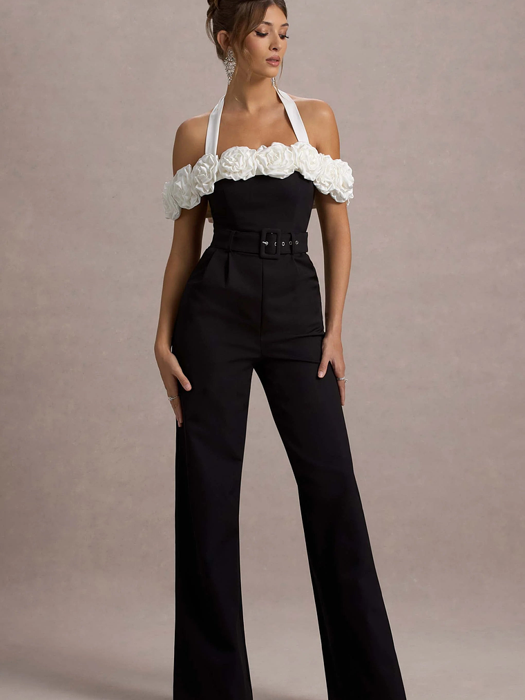 Genny | Black Tailored Wide-Leg Jumpsuit With Flowers 5
