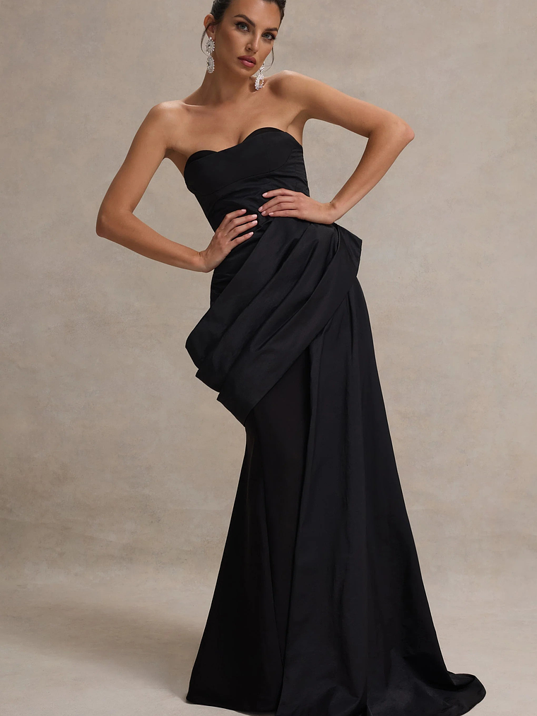 Fallen | Black Strapless Corset Maxi Dress With Drape 4