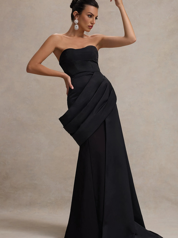 Fallen | Black Strapless Corset Maxi Dress With Drape 6