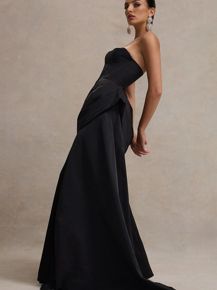 Fallen | Black Strapless Corset Maxi Dress With Drape 7