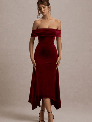 Halia | Berry Velvet Bardot Midi Dress