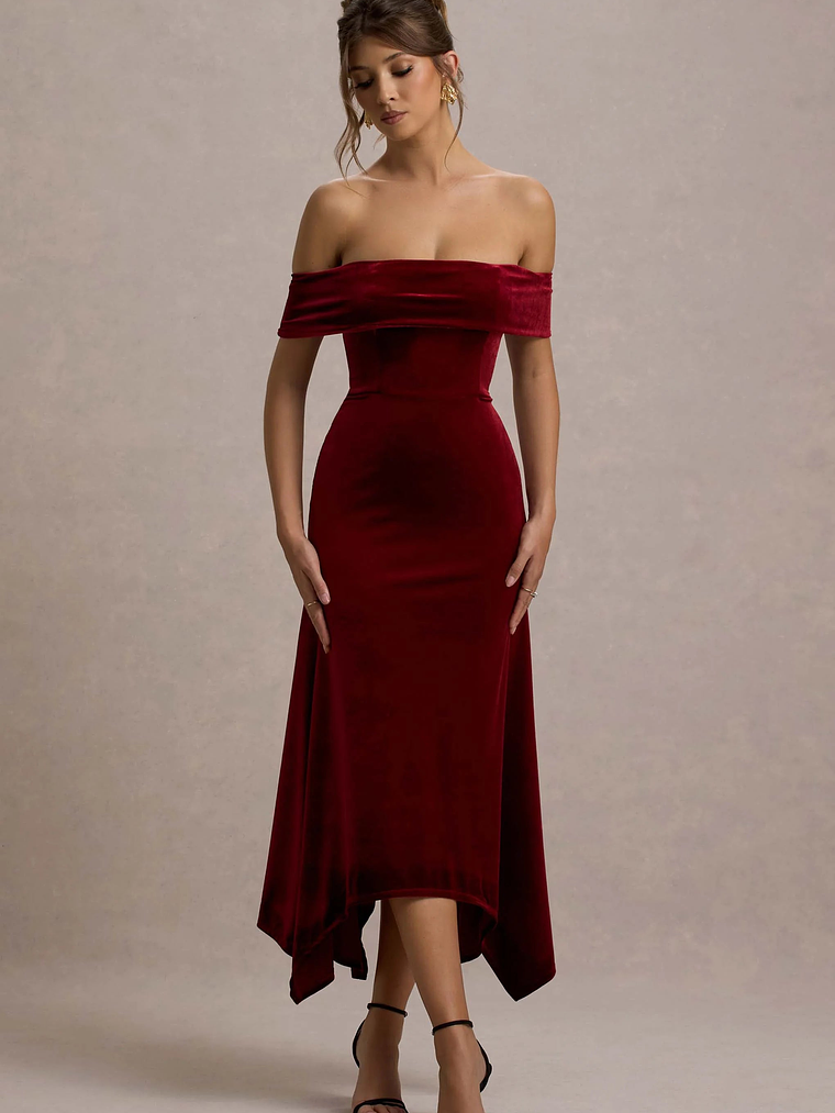 Halia | Berry Velvet Bardot Midi Dress 1