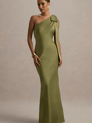 Here For Love | Khaki Satin Asymmetric Maxi Dress With Bow