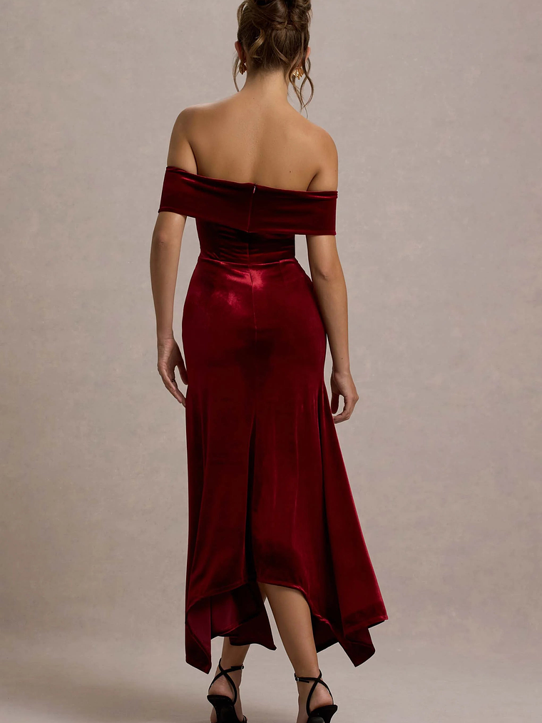 Halia | Berry Velvet Bardot Midi Dress 2