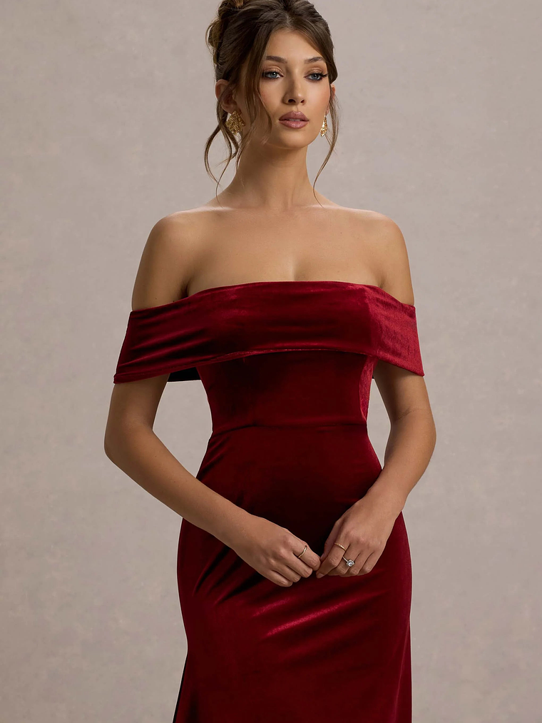 Halia | Berry Velvet Bardot Midi Dress 3