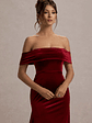 Halia | Berry Velvet Bardot Midi Dress - thumbnail 3