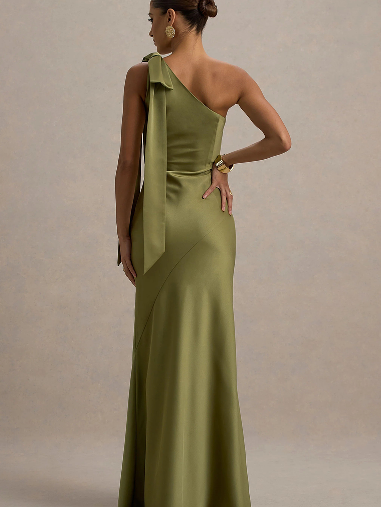 Here For Love | Khaki Satin Asymmetric Maxi Dress With Bow 2