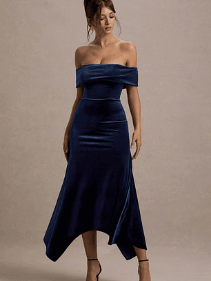 Halia | Navy Velvet Bardot Midi Dress