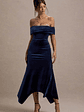 Halia | Navy Velvet Bardot Midi Dress - thumbnail 1