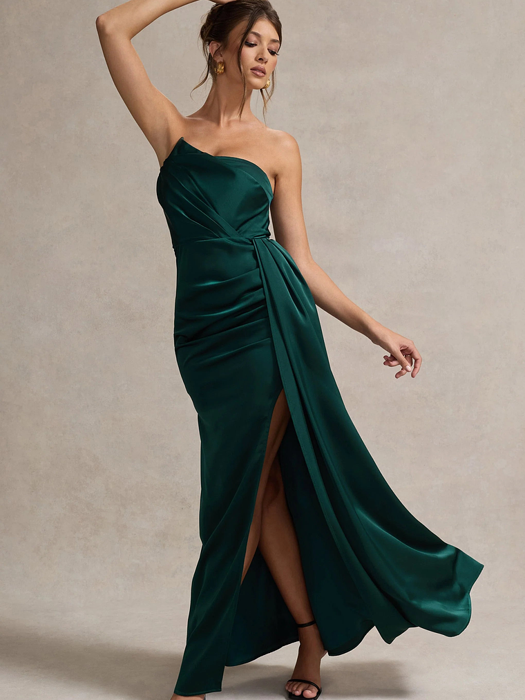 Hollywood | Bottle Green Satin Strapless Draped Maxi Dress 1