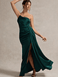 Hollywood | Bottle Green Satin Strapless Draped Maxi Dress - thumbnail 1