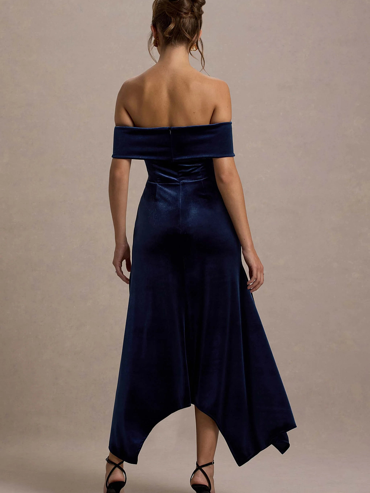 Halia | Navy Velvet Bardot Midi Dress 2