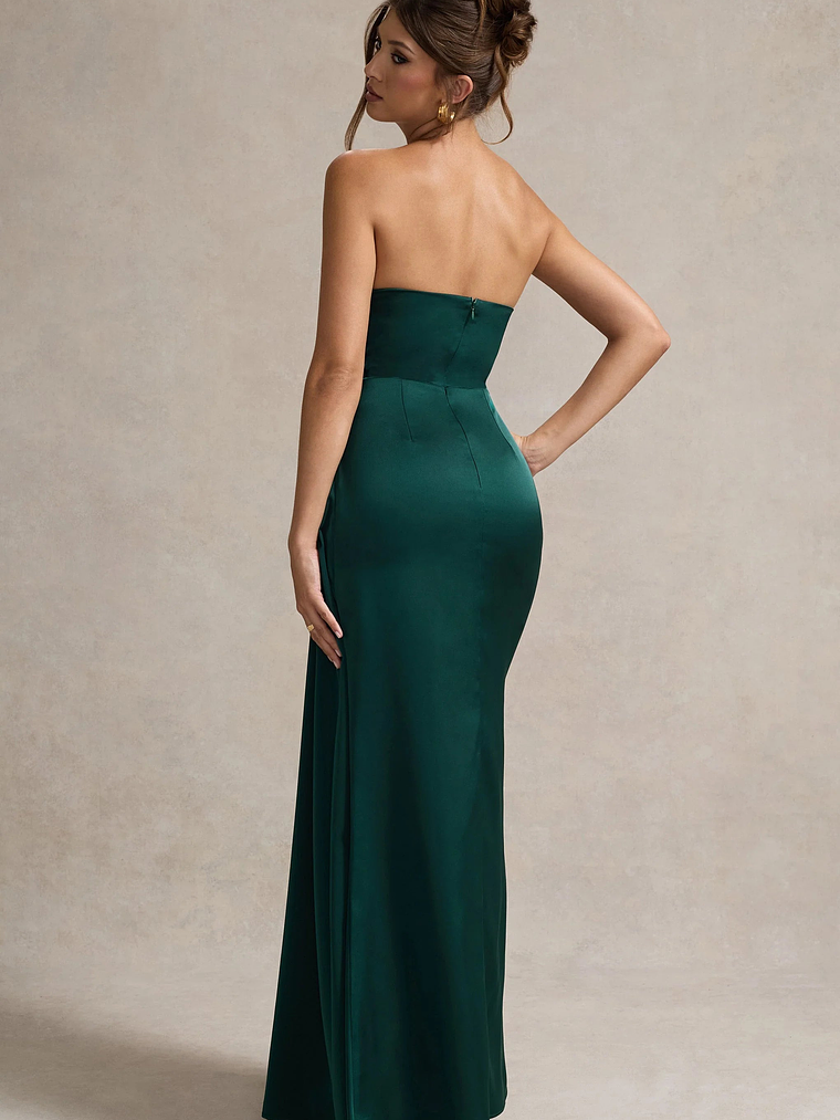 Hollywood | Bottle Green Satin Strapless Draped Maxi Dress 2