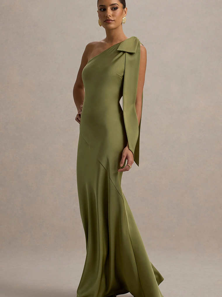 Here For Love | Khaki Satin Asymmetric Maxi Dress With Bow 4
