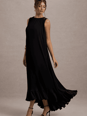 Hazelle | Black Chiffon A-Line Ruffled Maxi Dress