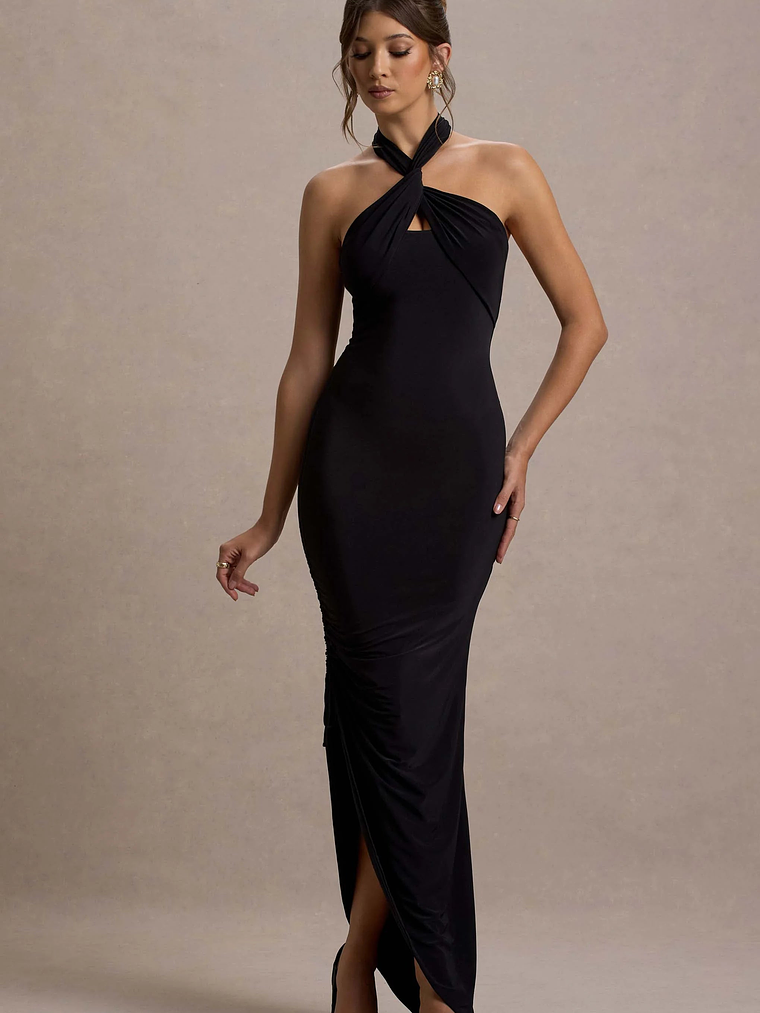 Jaiya | Black Ruched Halter-Neck Asymmetric Maxi Dress 1
