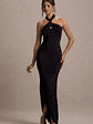 Jaiya | Black Ruched Halter-Neck Asymmetric Maxi Dress - thumbnail 1