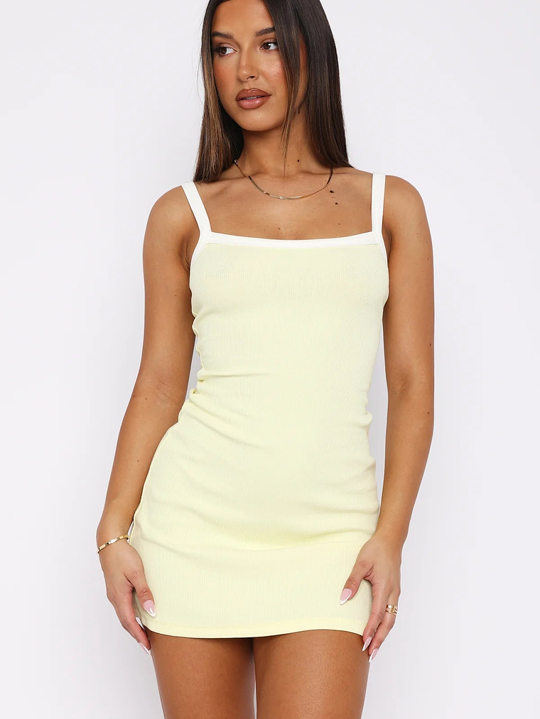 In This Moment Ribbed Mini Dress Lemon/White 2