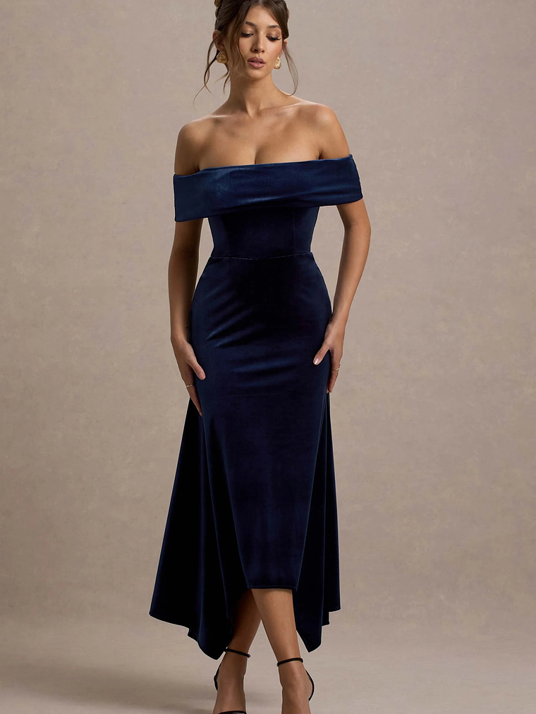 Halia | Navy Velvet Bardot Midi Dress 5