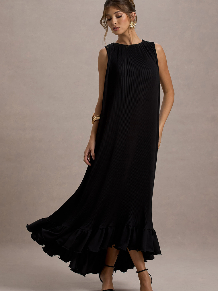 Hazelle | Black Chiffon A-Line Ruffled Maxi Dress 4