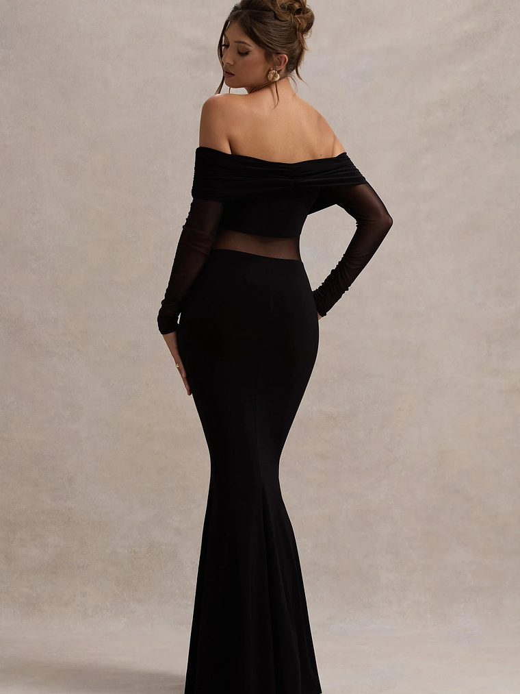 Ismeralda | Black Mesh Ruched Bardot Maxi Dress 2