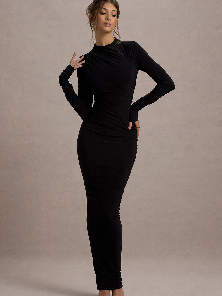Hespera | Black High-Neck Long-Sleeve Gathered Maxi Dress 1