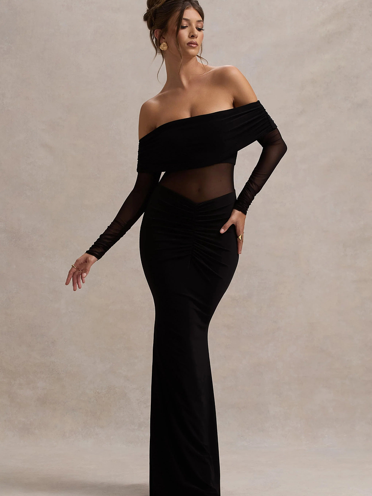 Ismeralda | Black Mesh Ruched Bardot Maxi Dress 4
