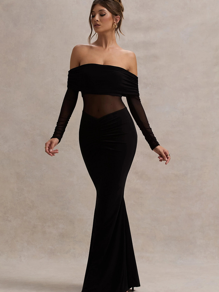 Ismeralda | Black Mesh Ruched Bardot Maxi Dress 5