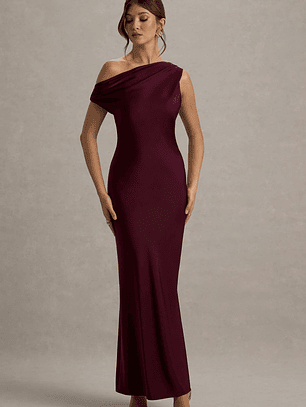 Isolde | Burgundy Satin One-Shoulder Maxi Dress