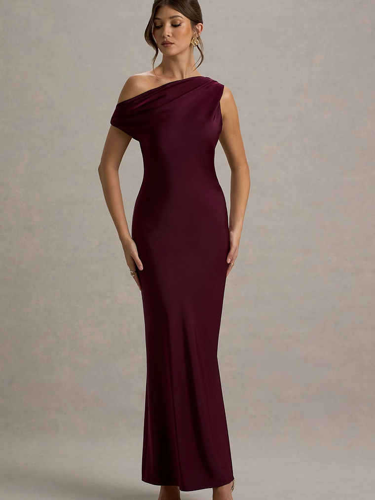 Isolde | Burgundy Satin One-Shoulder Maxi Dress 1